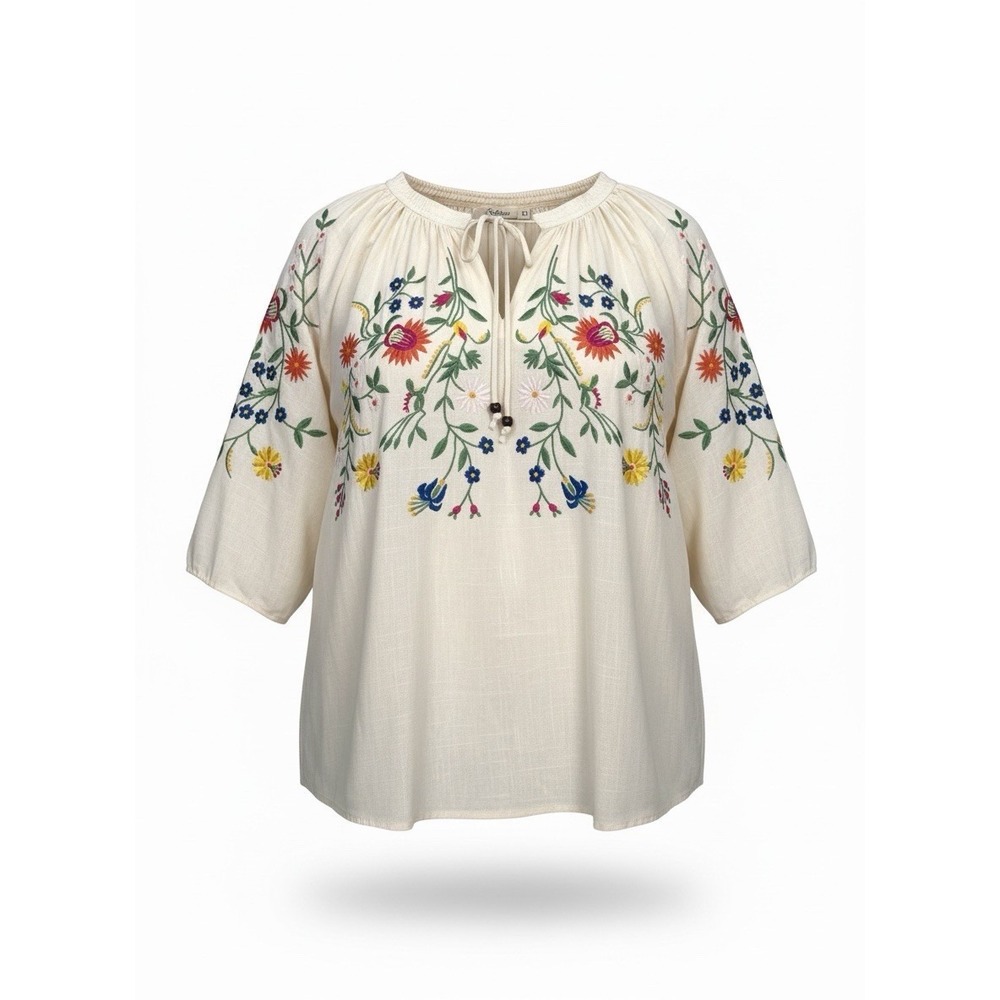Solitaire Plus 1X Boho Peasant Floral Embroidered Blouse Cream Linen Blend NEW